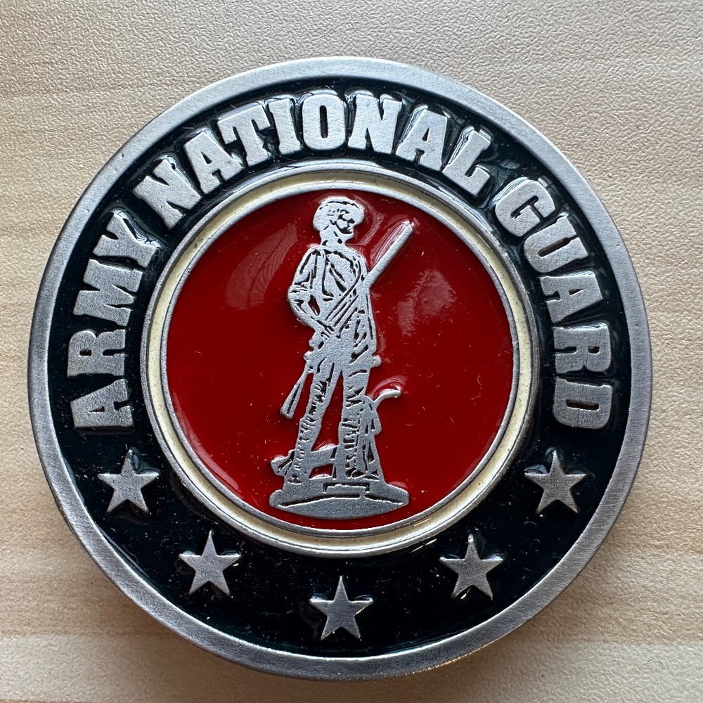 Vintage Army National Guard Round Belt Buckle - Silver/Red/Blue